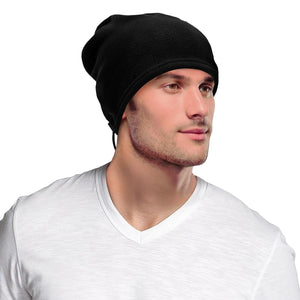 Man wearing a black fleece beanie