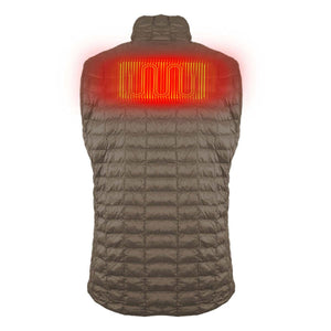 Mobile Warming brown quilted vest with back heating element highlighted in red