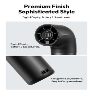 Aecooly massage gun showing digital display for battery and speed levels and a lanyard hole