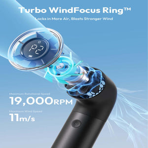 Aecooly handheld fan showing Turbo WindFocus Ring technology with 19000 RPM and 11 meters per second wind speed
