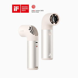 Aecooly handheld portable fan with digital display and IF and Red Dot design award logos