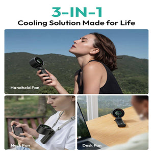 Aecooly 3 in 1 portable fan used as a handheld fan, neck fan, and desk fan