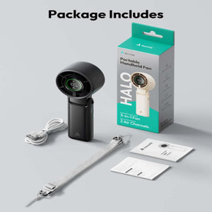 Aecooly portable handheld fan with charging cable, lanyard, and user manual in packaging