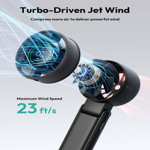 Aecooly handheld fan showing internal turbo motor and airflow visualization with 23 feet per second wind speed