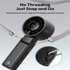 Aecooly portable fan with a snap buckle lanyard attachment mechanism