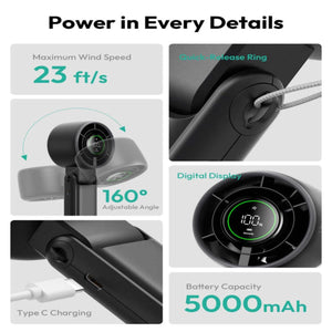 Aecooly portable fan features 23 ft/s wind speed, 160 degree adjustable angle, digital display, and 5000mAh battery