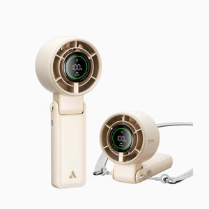 Two beige Aecooly portable handheld fans with digital battery displays