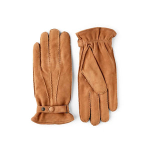 Hestra tan suede leather gloves with wrist strap and snap button