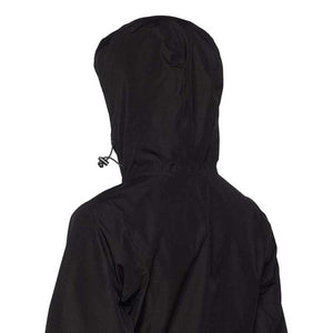 Back view of a black hooded jacket with adjustable drawstring