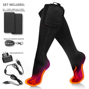 Black heated socks with two power banks, wireless remote control, and USB charging kit