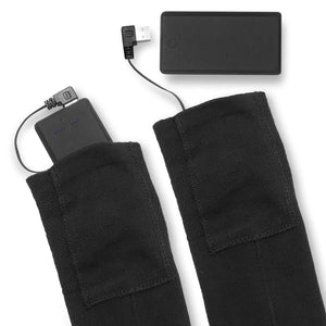 Black heated socks with external battery packs and USB charging cables