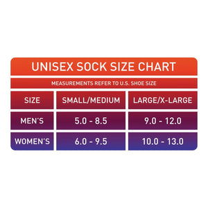 Unisex sock size chart showing US shoe size ranges for small medium and large extra large sizes