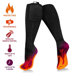 Aheata black rechargeable heated socks with remote control and heat intensity icons