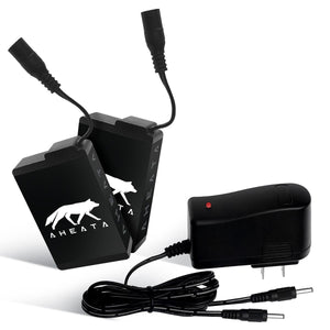 Two black Aheata battery packs with charging cables and a wall power adapter