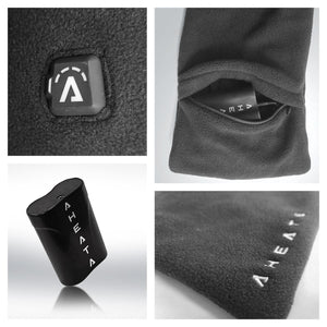 Aheata heated scarf showing power button battery compartment and branded fabric