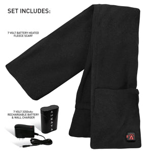 Black fleece heated scarf set with 7 volt rechargeable battery and wall charger
