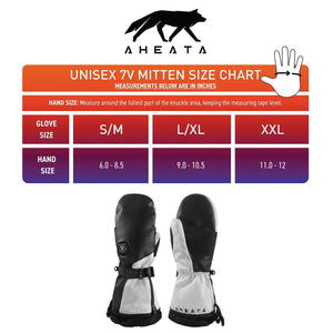 Aheata unisex 7V mitten size chart showing hand measurements in inches for sizes S M L XL and XXL
