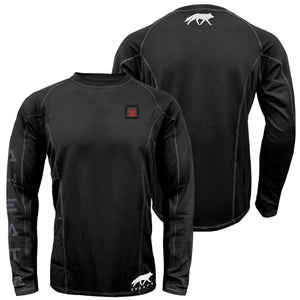 Aheata black long sleeve thermal shirt with front and back views showing brand logos and power button