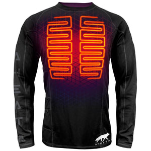Aheata black long sleeve heated base layer shirt with orange heating element graphic on chest