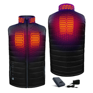 Aheata heated vest showing front and back heating elements with battery pack and charger
