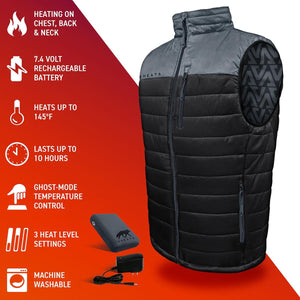 Aheata heated vest with battery and charger showing heating zones and features