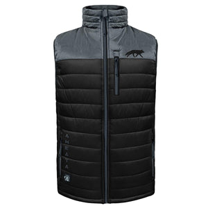 Aheata black and grey quilted puffer vest with zipper pockets and wolf logo