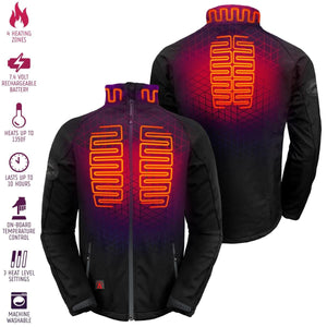 Aheata heated jacket showing four heating zones with battery and temperature control features