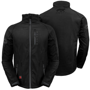 Aheata black softshell jacket with front and back views featuring brand logos and zippered pockets