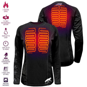 Aheata long sleeve heated base layer with three heating zones and seven feature icons