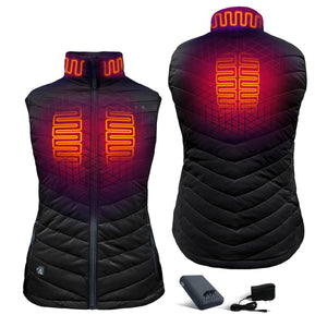Aheata heated vest showing front and back heating elements with battery pack and charger
