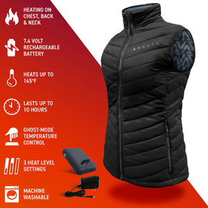 Aheata black heated vest with battery pack and charger showing features list