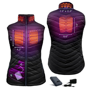 Aheata heated vest showing heating element dimensions and battery pack