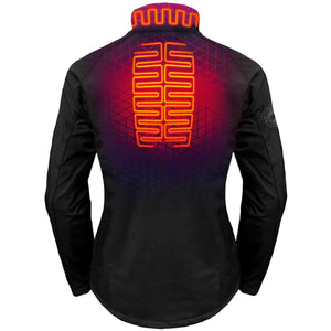 Back view of Aheata heated jacket with visible orange heating elements on collar and spine