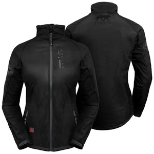Aheata black softshell heated jacket showing front and back views with branded logos