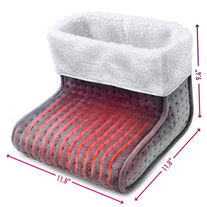 Aheata grey heated foot warmer with white fleece lining and dimension labels