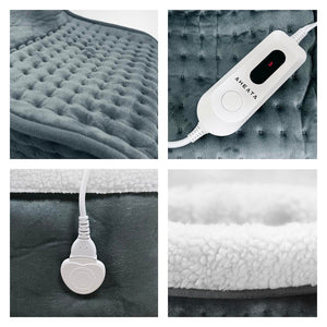 Aheata electric heating pad showing quilted fabric texture, digital controller, power connector, and sherpa lining