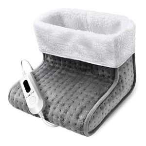 Aheata grey electric foot warmer with white fleece lining and wired remote control