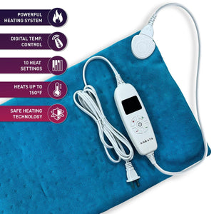 Aheata blue electric heating pad with digital controller and feature icons