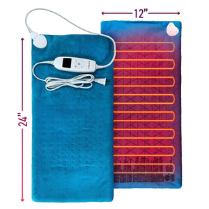 Aheata 12 by 24 inch blue electric heating pad with digital controller and visible internal heating wires