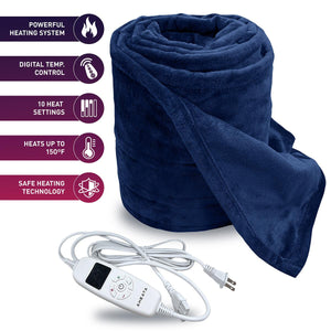 Aheata navy blue electric heated blanket with digital controller and feature list