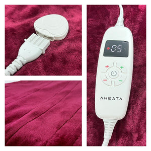 Aheata electric blanket controller with digital display and power cord on a maroon textured fabric