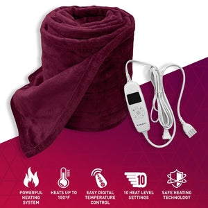 Aheata burgundy heated throw blanket with digital controller and feature icons
