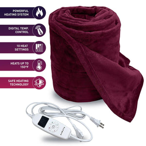 Aheata burgundy heated blanket with digital controller and feature list