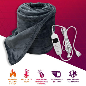 Aheata grey heated blanket with digital controller and feature icons for heat settings and safety