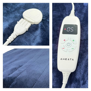 Aheata electric blanket controller with digital display and power cord connector on blue plush fabric