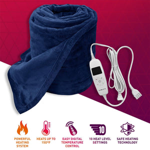 Aheata navy blue electric blanket with digital controller and five feature icons