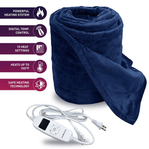 Aheata navy blue electric heated blanket with digital controller and feature list