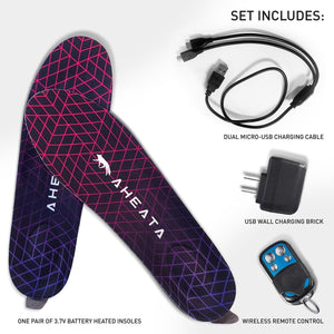 Aheata battery heated insoles with dual charging cable wall brick and wireless remote control