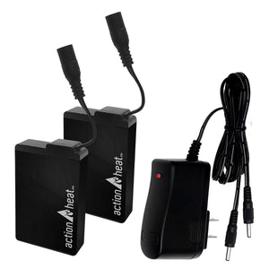 Two ActionHeat battery packs with cables and a dual wall charger