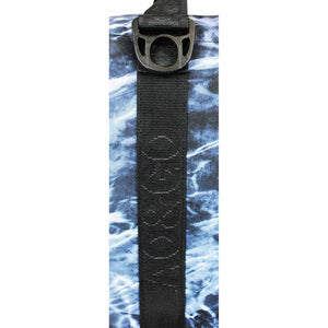 Black strap with D-ring and embossed logo on blue and white patterned fabric